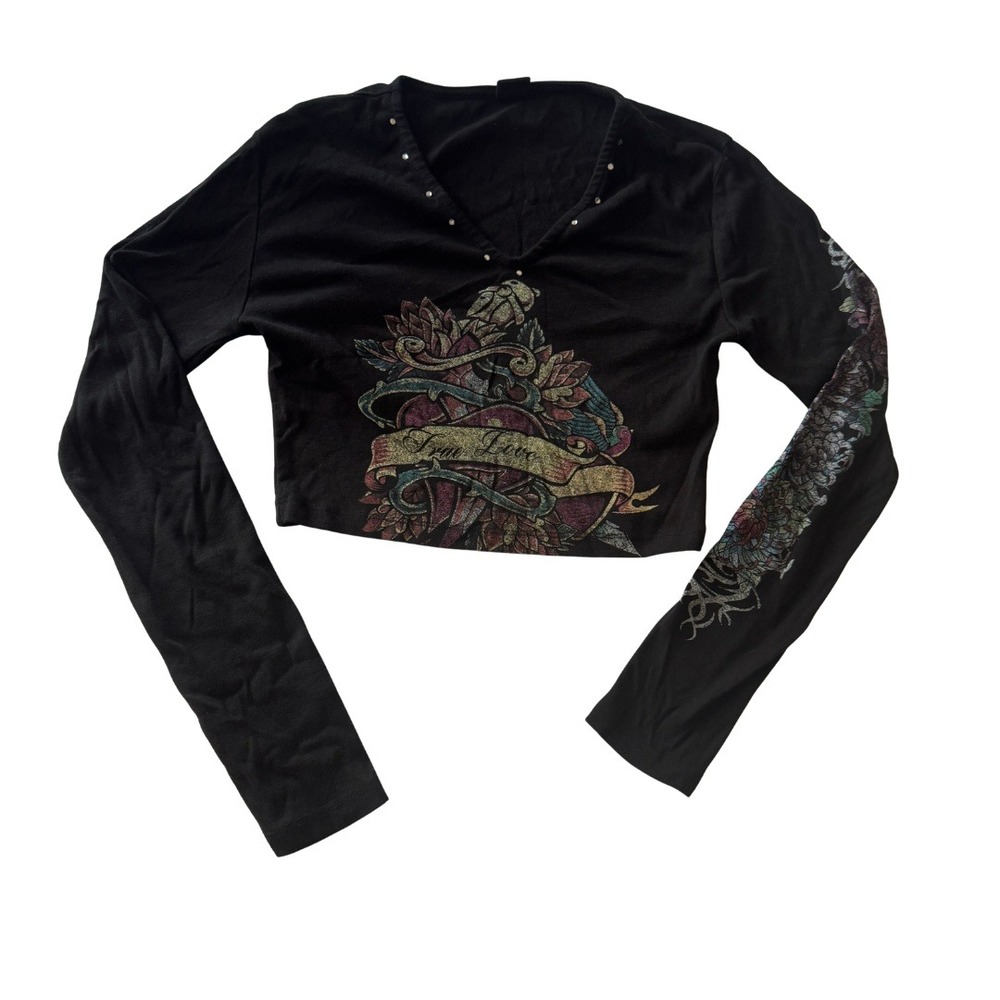 Urban Outfitters Tattoo Graphic Crop Top Size S Black V-Neck Y2K Rhinestone Goth - Picture 10 of 11